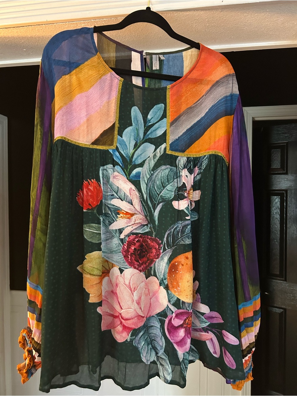Blank London Vibrant Multicolor Floral Peasant Blouse - Dark Green Floral